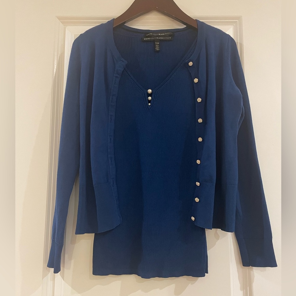 Petite! WHBM White House Black Market blue tank+cardigan with button detail XXSP